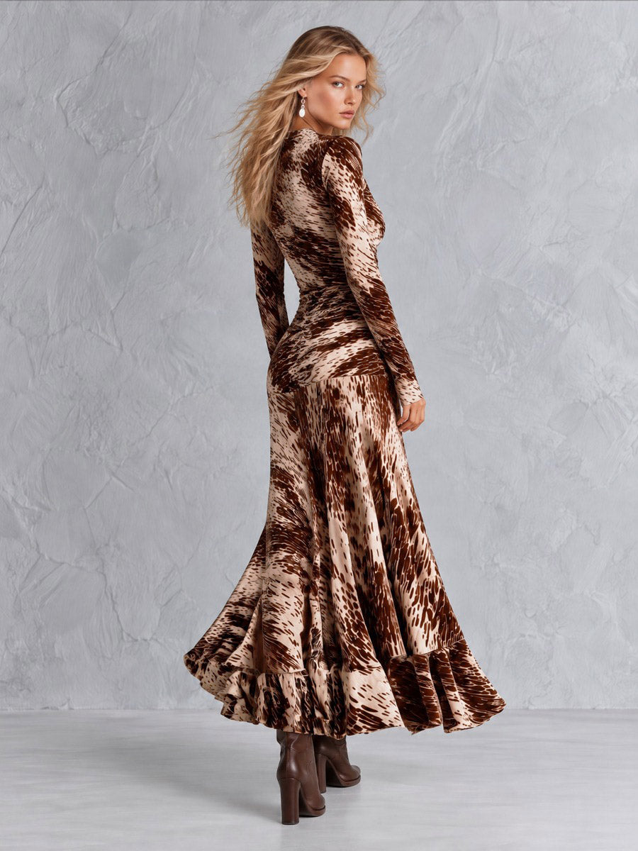 Women's Vintage Beige Animal Print Pleated Ruffle Maxi Dress  - By Qivii