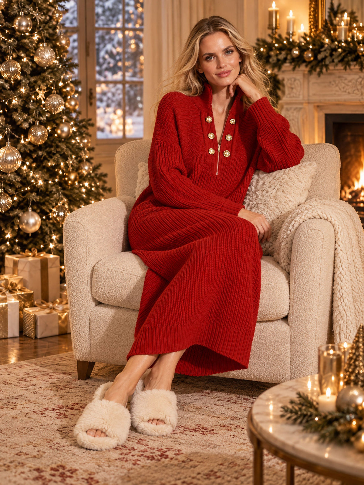 Fashionable Retro Gold Button Half-zip Red Knit Midi Dress  - By Qivii