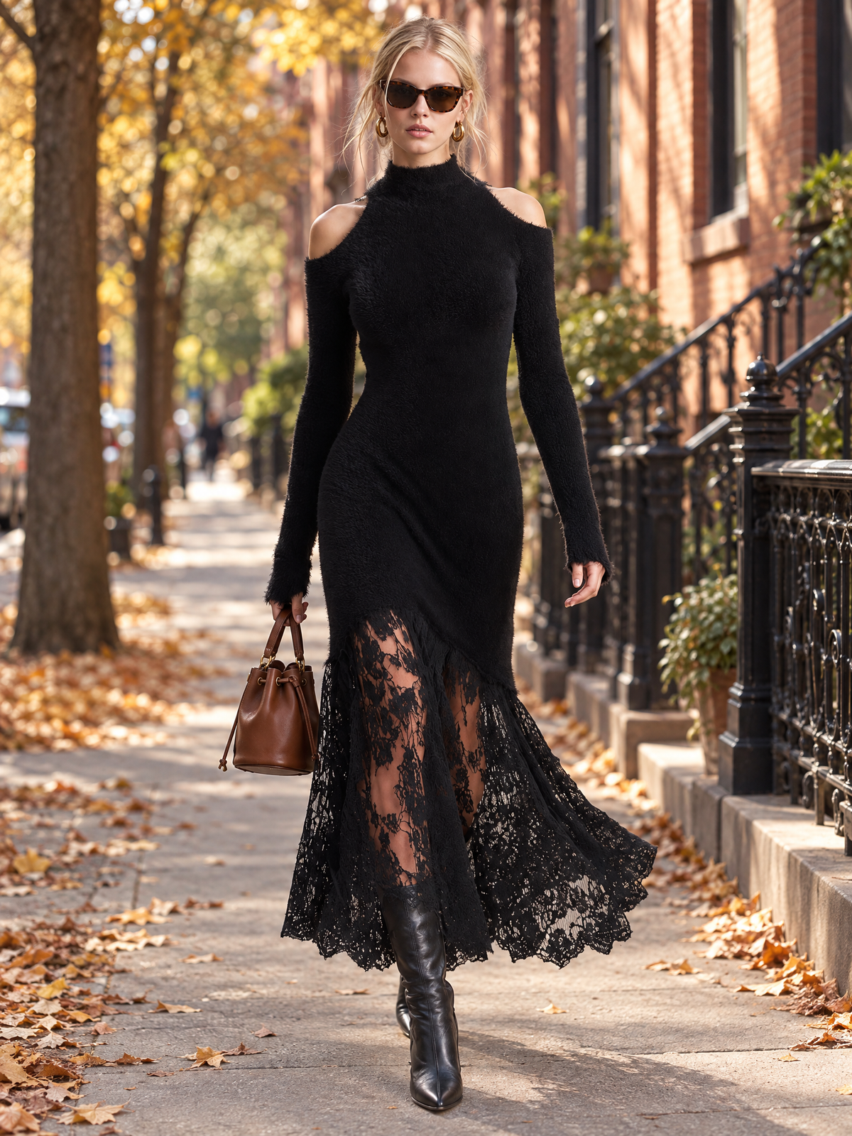 Vintage Romantic Black Fuzzy Knit Long Sleeve Sheer Lace Hem Bodycon Maxi Dress  - By Qivii