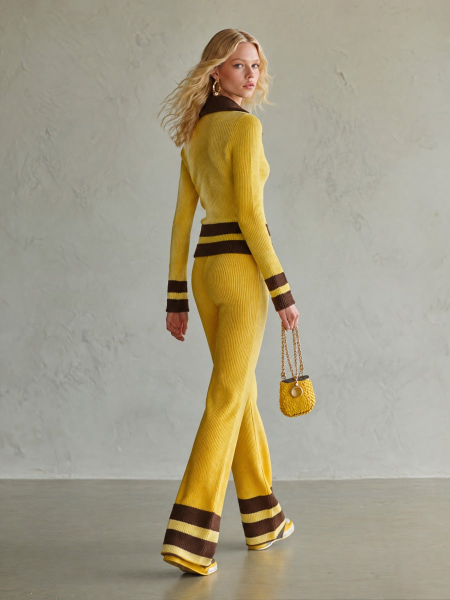 Retro Yellow Striped Polo Collar Knit Top Wide-Leg Pants Matching Sweater Set  - By Qivii