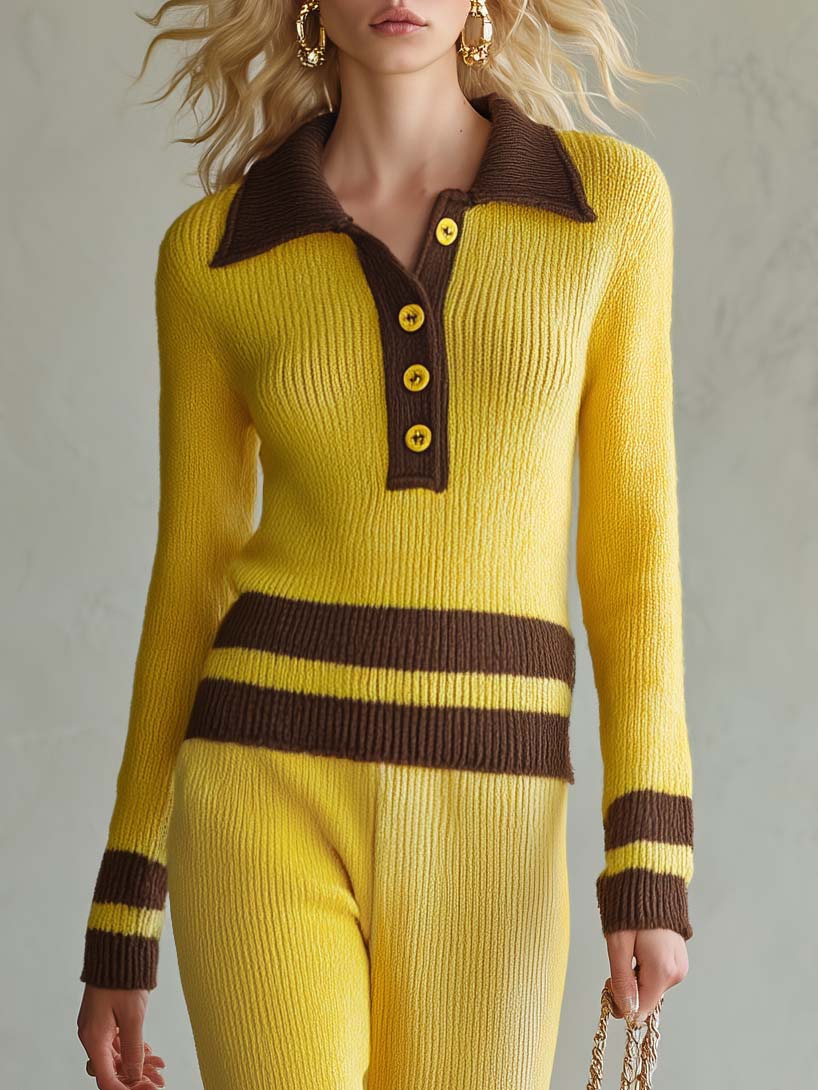 Retro Yellow Striped Polo Collar Knit Top Wide-Leg Pants Matching Sweater Set  - By Qivii