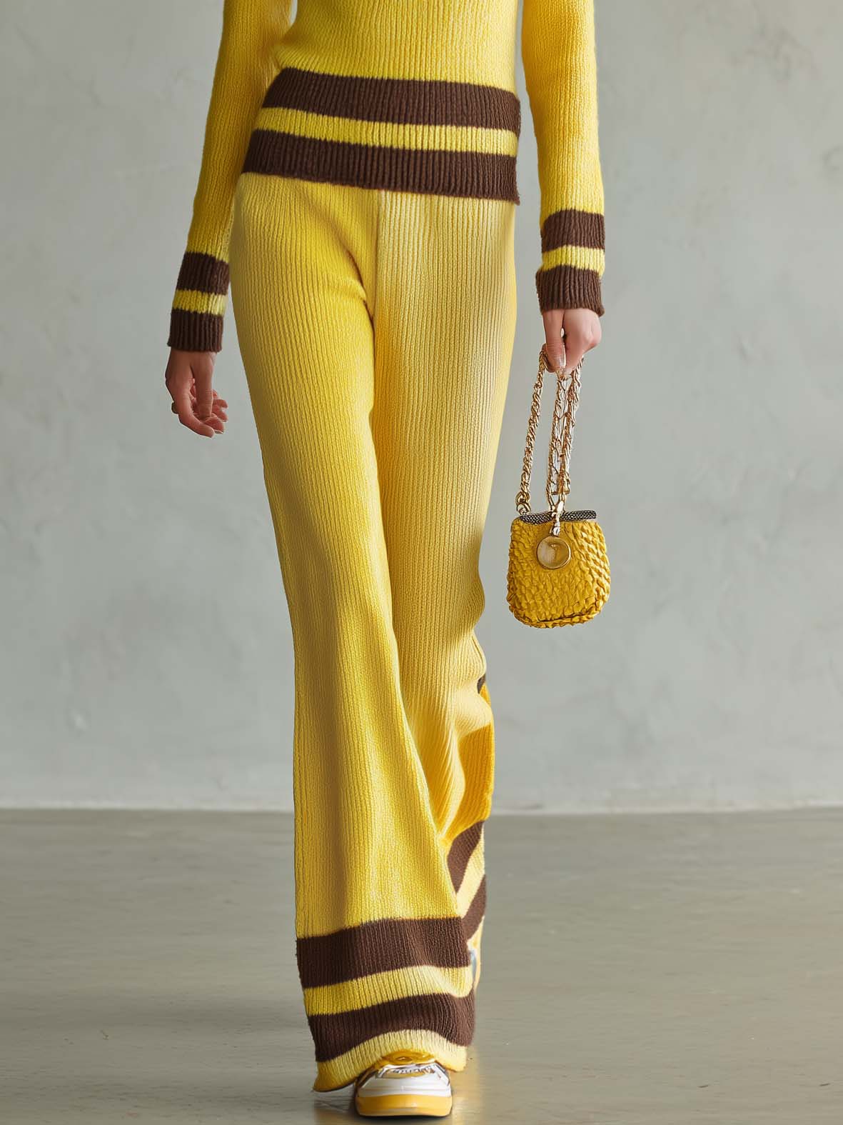 Retro Yellow Striped Polo Collar Knit Top Wide-Leg Pants Matching Sweater Set  - By Qivii