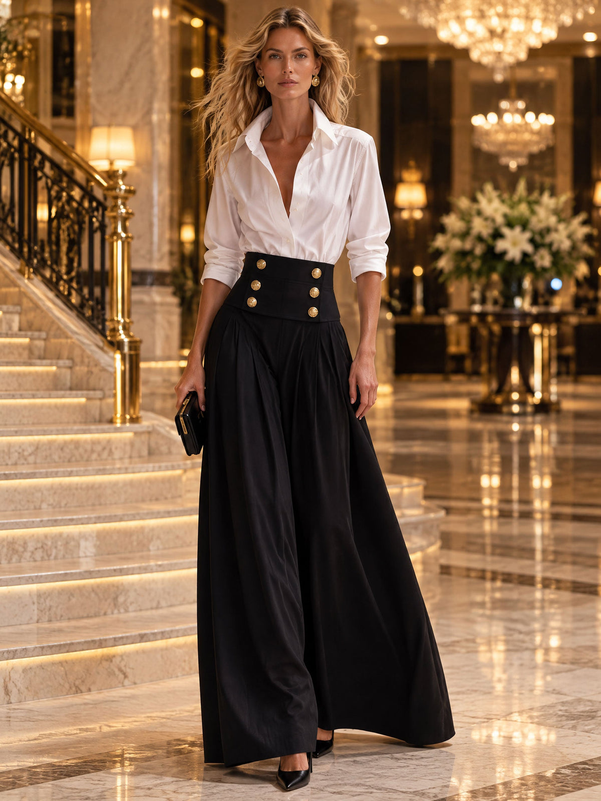 Women's Fashion White Long-Sleeved Shirt And Black High-Waisted Wide-Leg Pants Set  - By Qivii