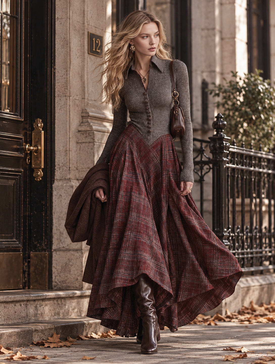 Retro Ribbed Knit Bodice Plaid Collared Maxi Dress  - By Qivii