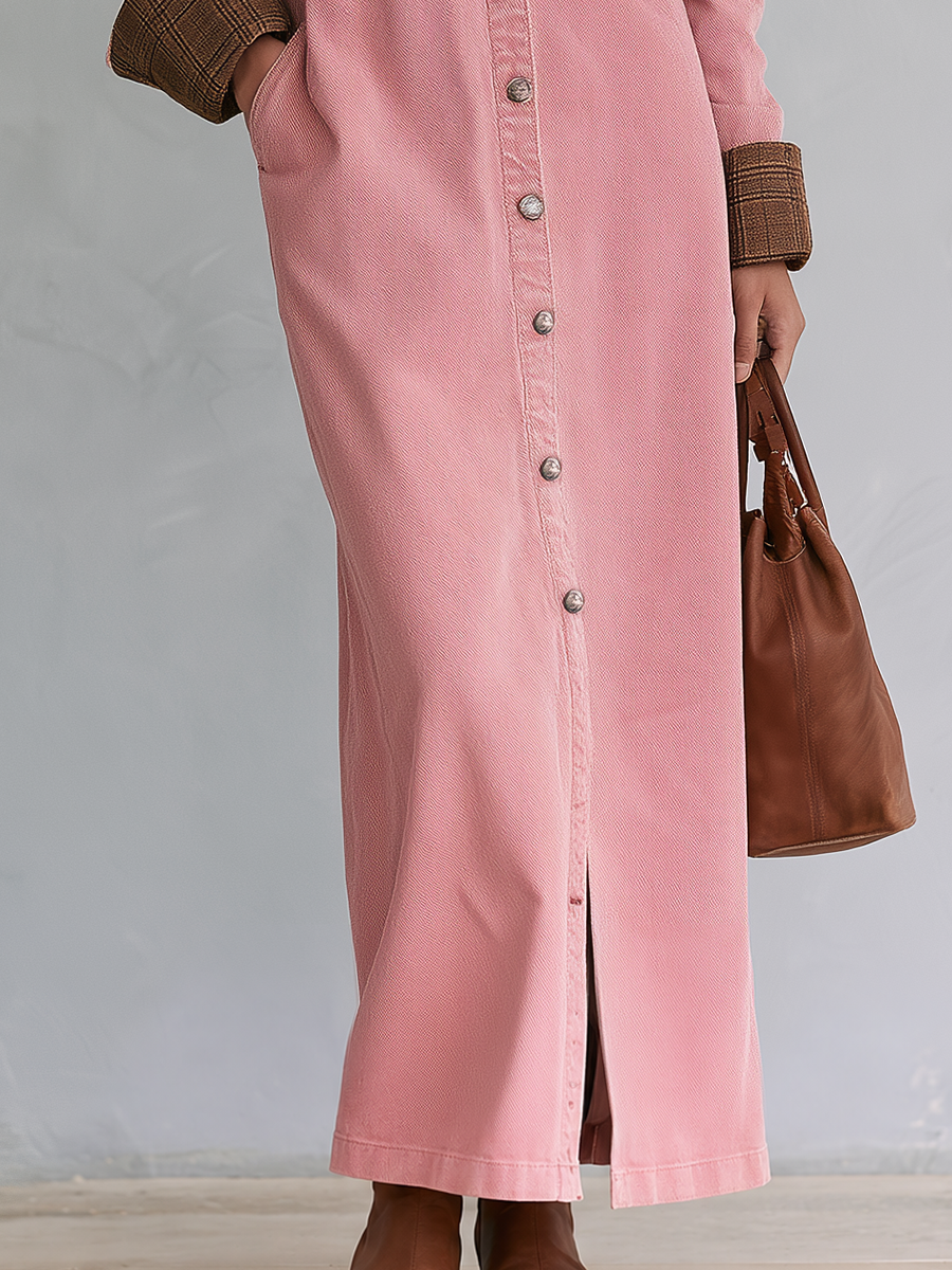 Casual Vintage Pink Button Front Long Shirt Dress  - By Qivii