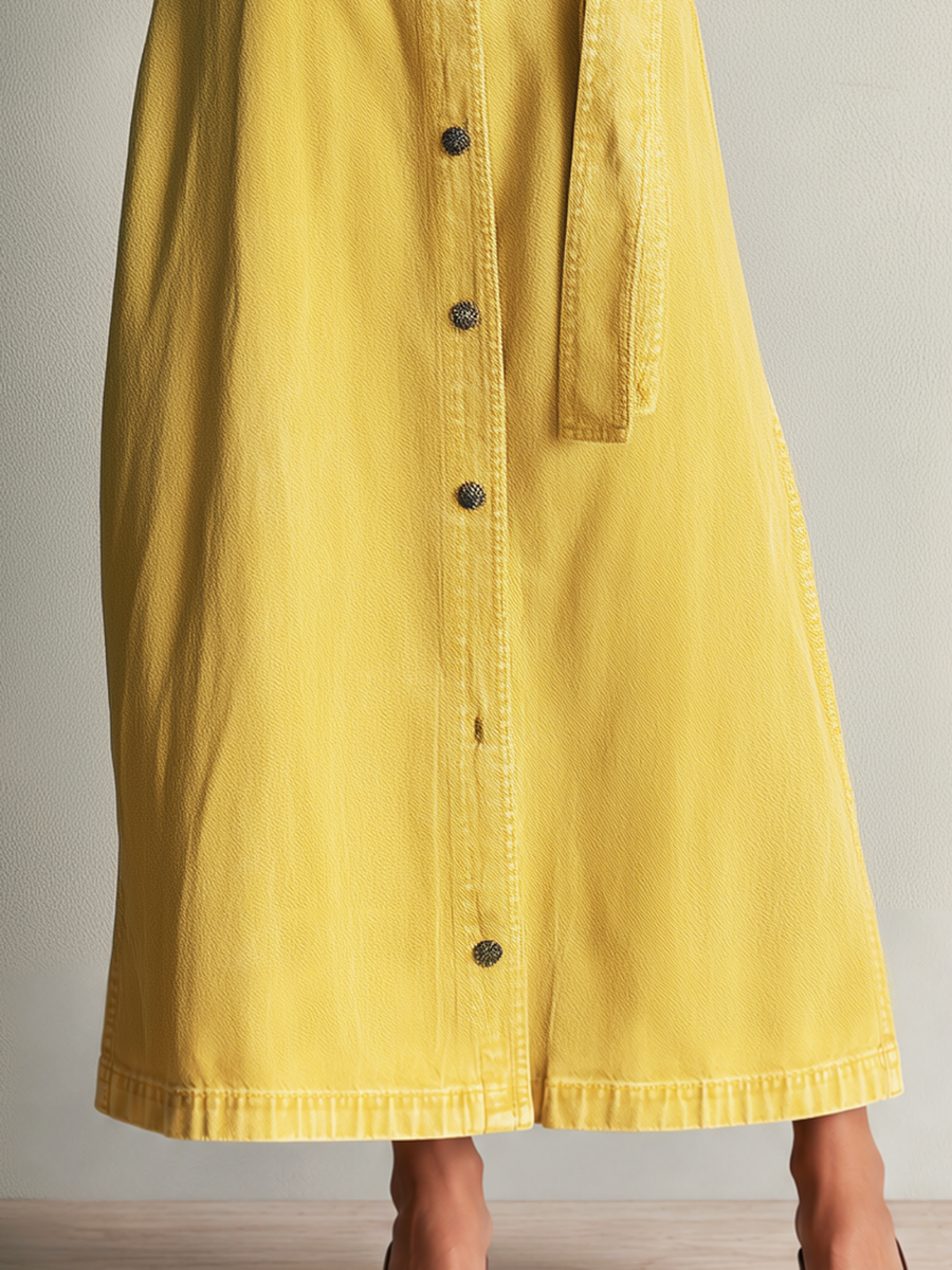 Modern Western Yellow Belted Button Front Denim Maxi Dress  - By Qivii