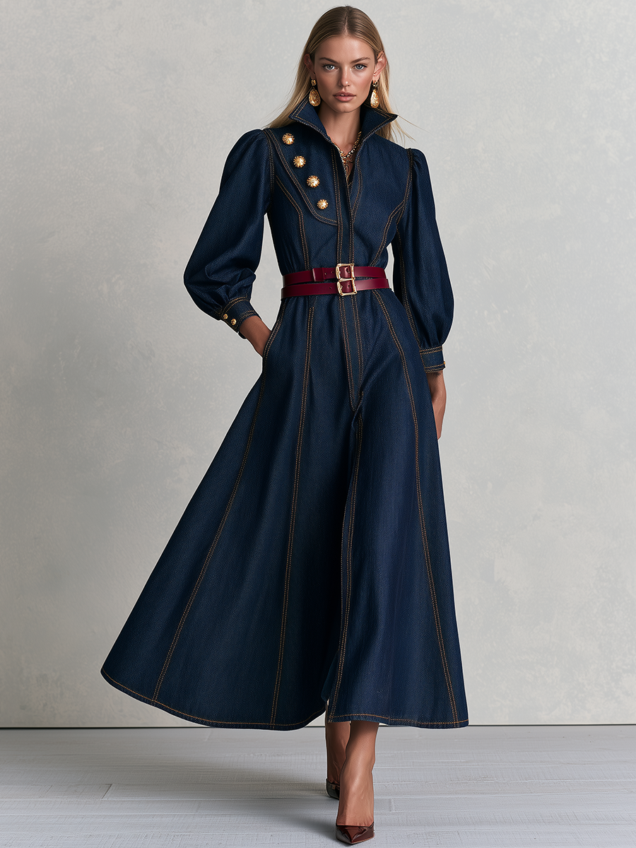 Vintage Military Dark Wash Gold Button Denim Maxi Dress  - By Qivii