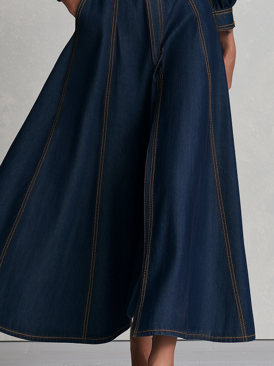 Vintage Military Dark Wash Gold Button Denim Maxi Dress  - By Qivii