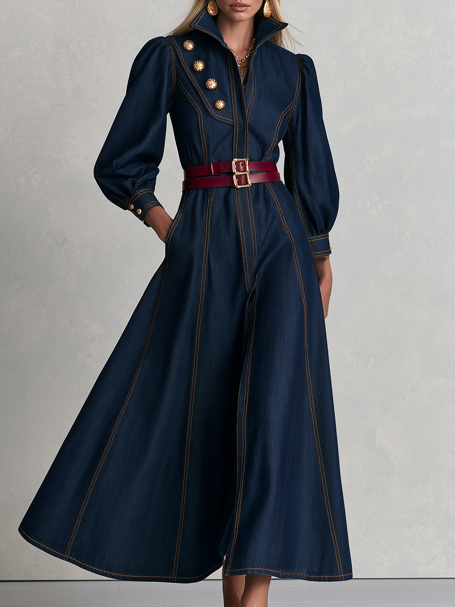 Vintage Military Dark Wash Gold Button Denim Maxi Dress  - By Qivii
