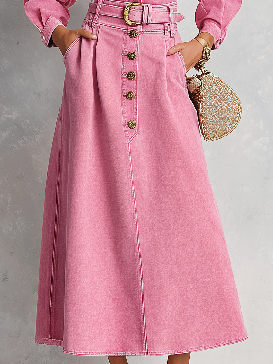 Retro Western Pink Belted Button Front Denim Midi Dress  - By Qivii