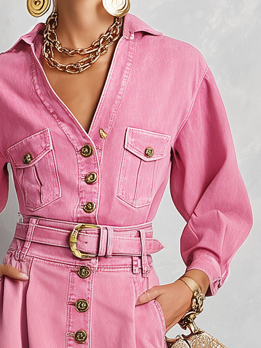 Retro Western Pink Belted Button Front Denim Midi Dress  - By Qivii