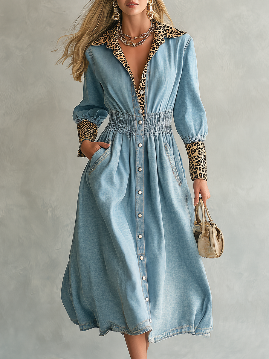 Glam Western Leopard Trim Denim Button Front Midi Dress  - By Qivii