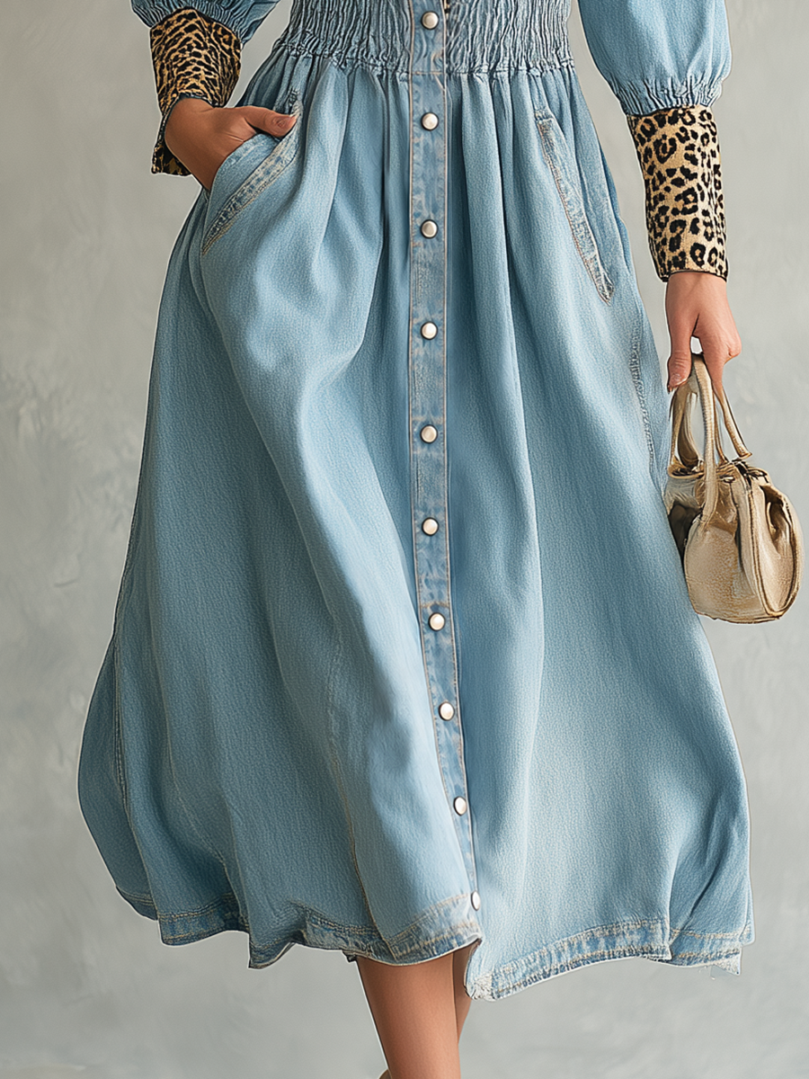 Glam Western Leopard Trim Denim Button Front Midi Dress  - By Qivii