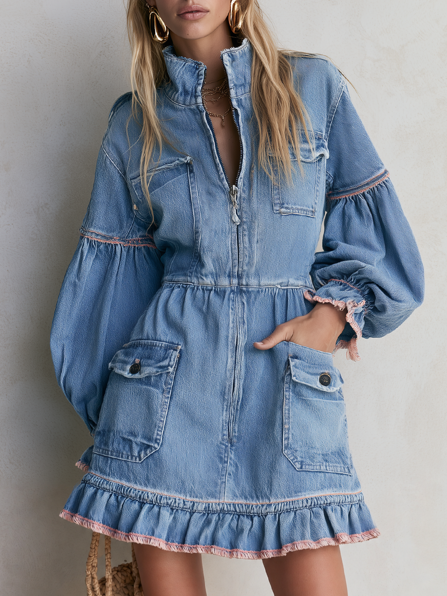 Retro Western Light Wash Ruffle Hem Denim Mini Dress  - By Qivii