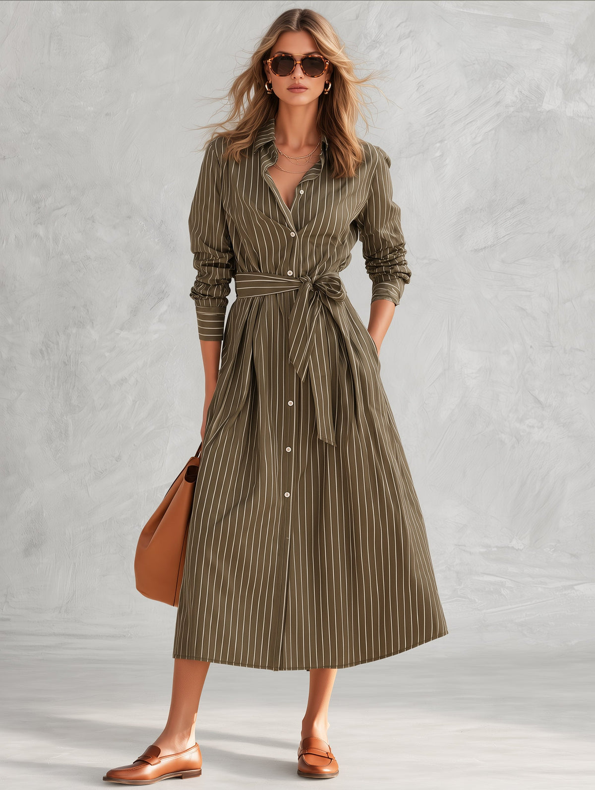 Olive Green Pinstripe Long Sleeve Button-Front Belted Midi Dress  - By Qivii