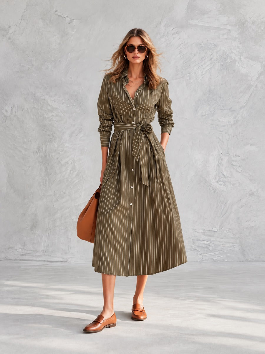 Olive Green Pinstripe Long Sleeve Button-Front Belted Midi Dress  - By Qivii