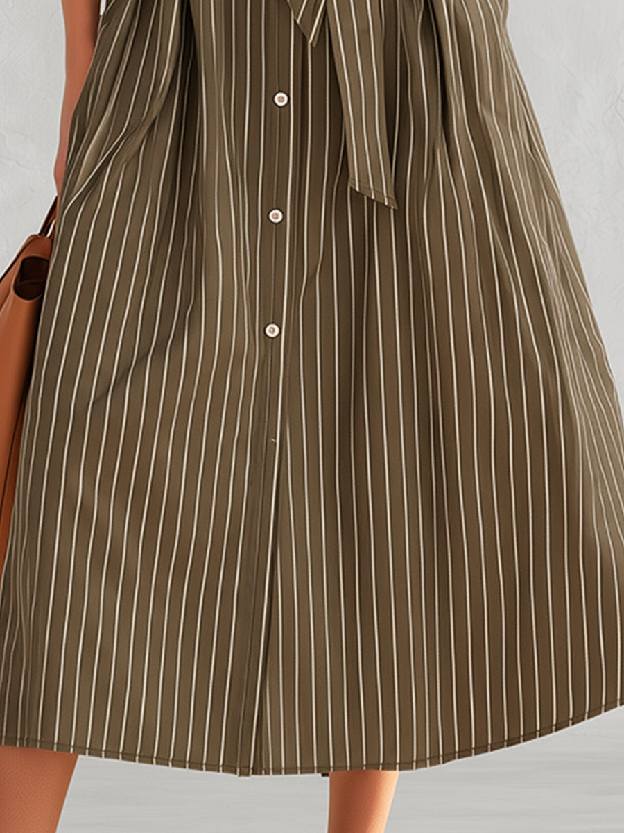 Olive Green Pinstripe Long Sleeve Button-Front Belted Midi Dress  - By Qivii