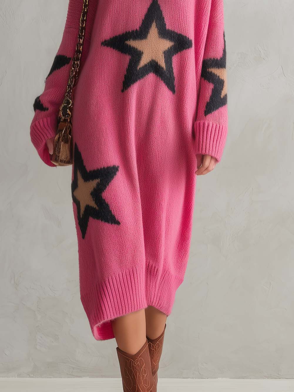 Lazy Western Pink Star Oversized V-Neck Button Trim Long Sleeve Knit Midi Sweater Dress  - By Qivii