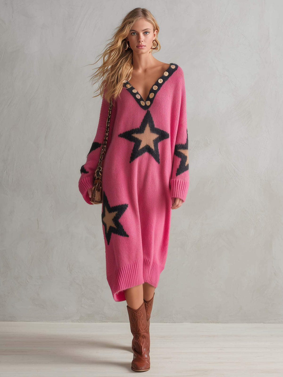 Lazy Western Pink Star Oversized V-Neck Button Trim Long Sleeve Knit Midi Sweater Dress  - By Qivii