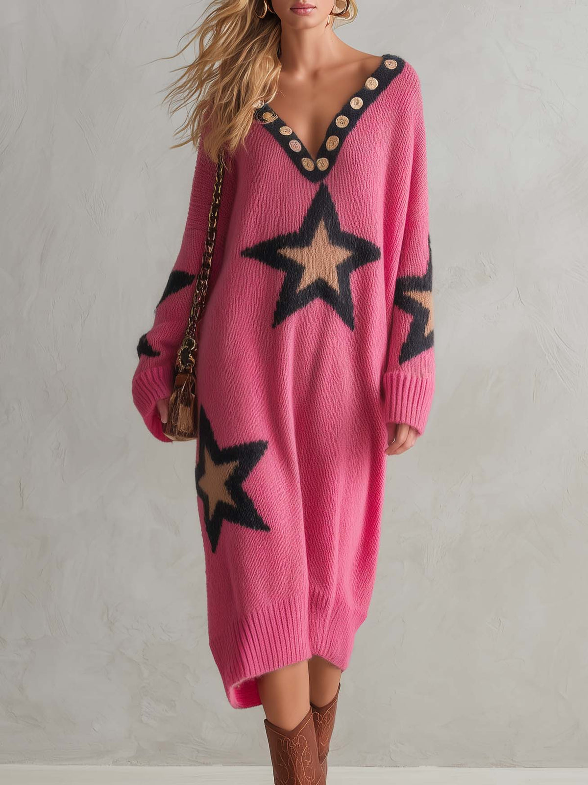 Lazy Western Pink Star Oversized V-Neck Button Trim Long Sleeve Knit Midi Sweater Dress  - By Qivii
