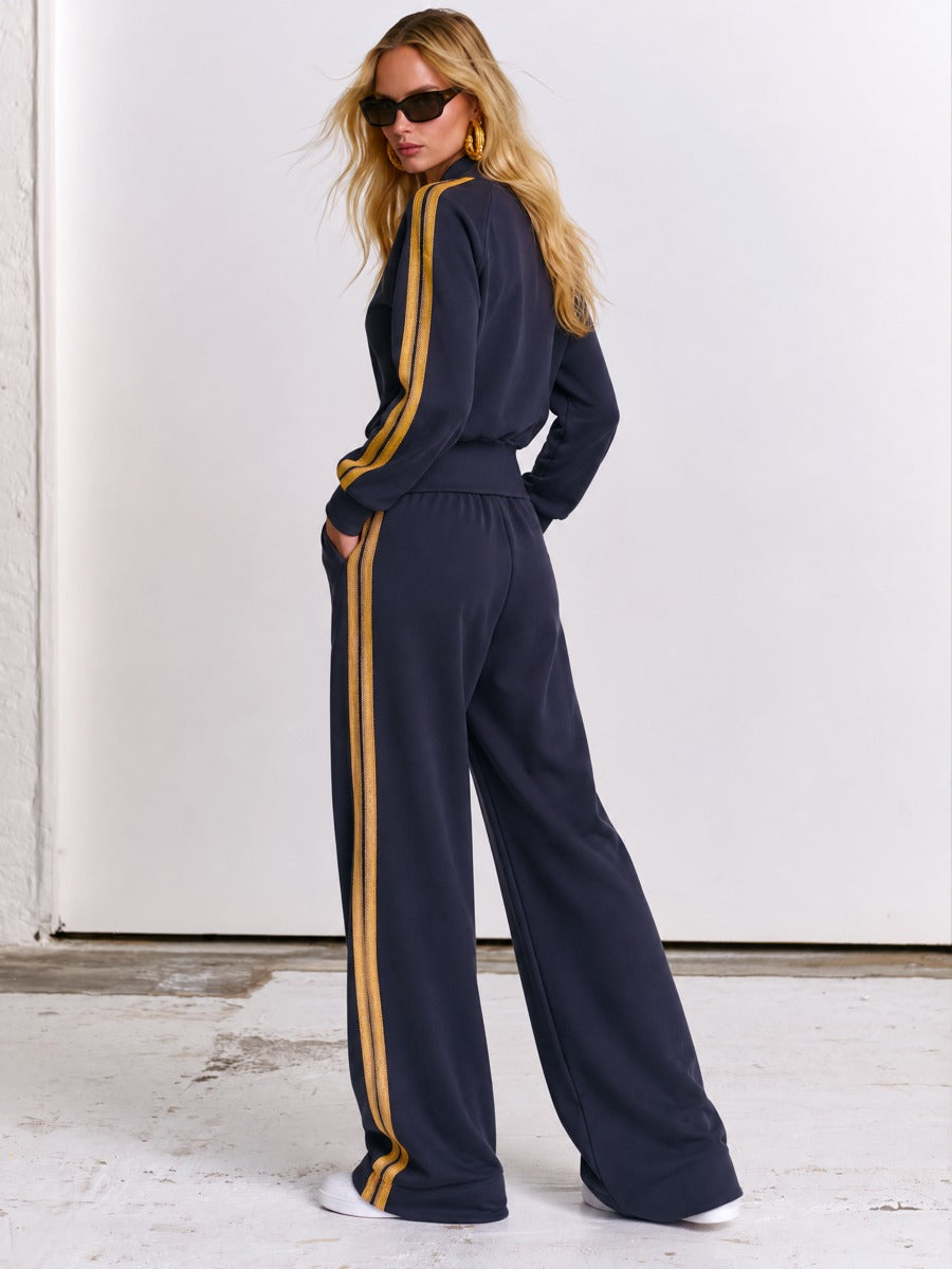 Women's Gold Striped Purple-Blue Sports Jacket And Wide-Leg Pants Set  - By Qivii