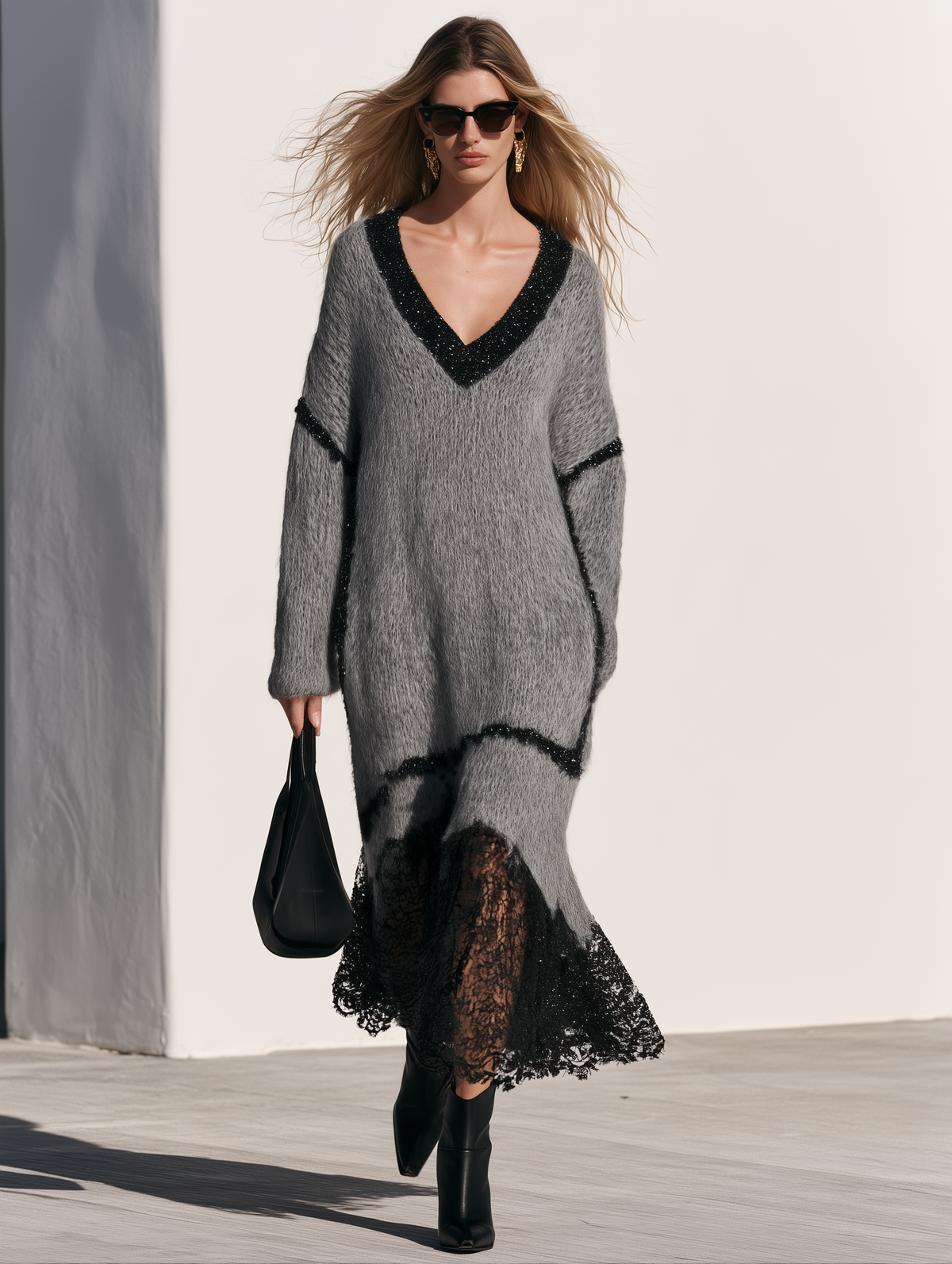 Loose-fitting V-neck Shimmering Lace Grey Mohair Knit Midi Dress  - By Qivii
