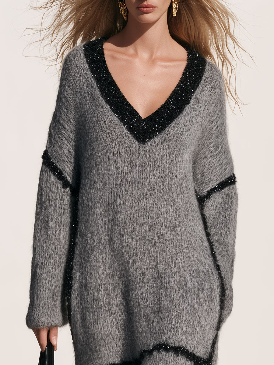 Loose-fitting V-neck Shimmering Lace Grey Mohair Knit Midi Dress  - By Qivii
