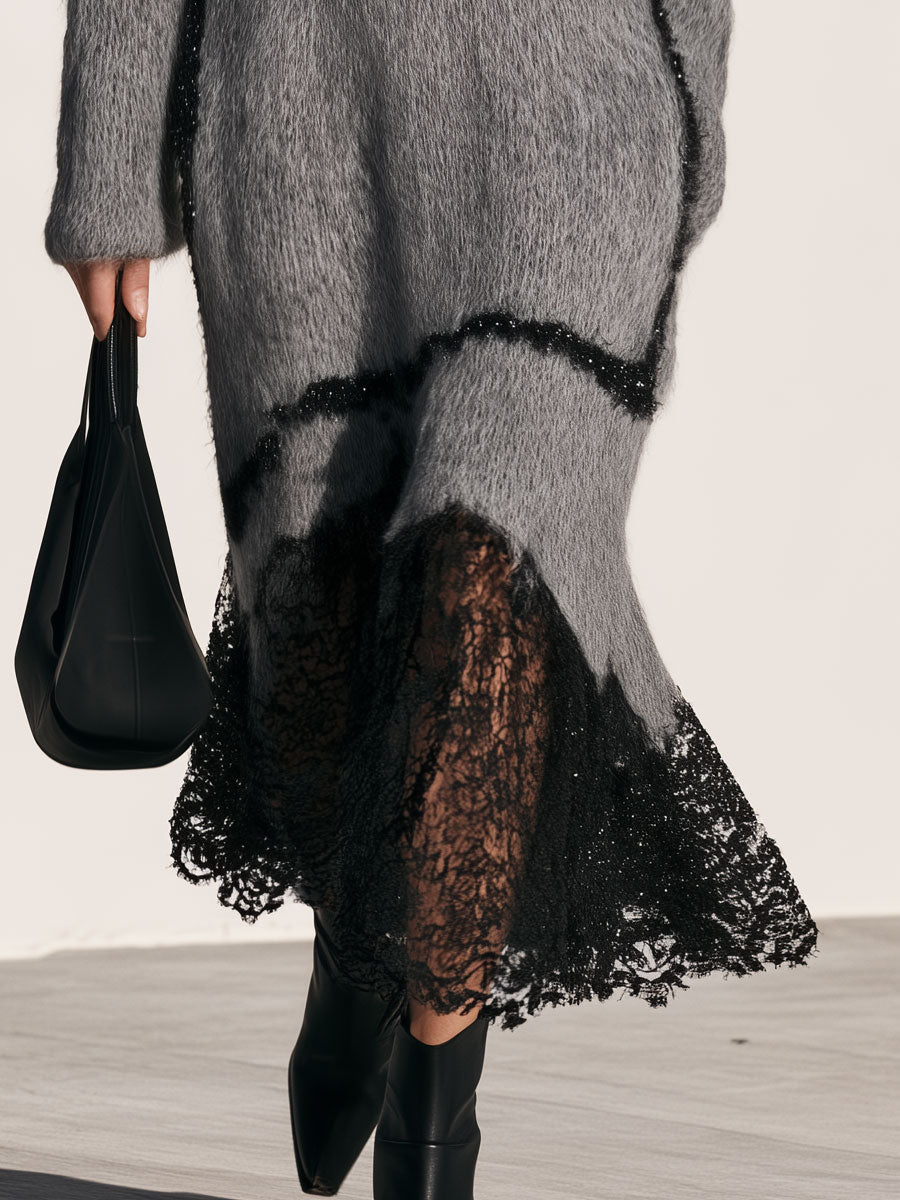 Loose-fitting V-neck Shimmering Lace Grey Mohair Knit Midi Dress  - By Qivii
