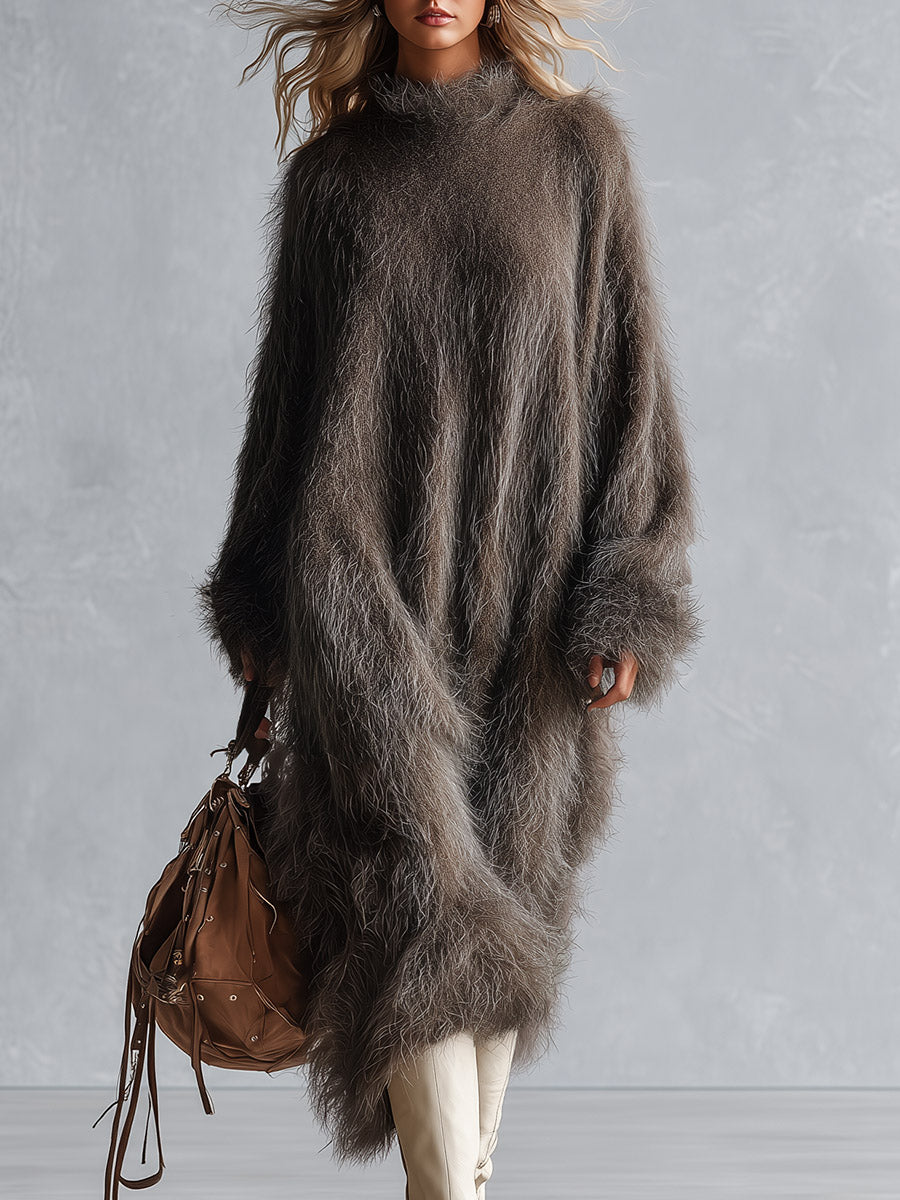 Women's Oversized Fuzzy Long-Pile Knit Mock Neck Taupe Brown Midi Dress  - By Qivii