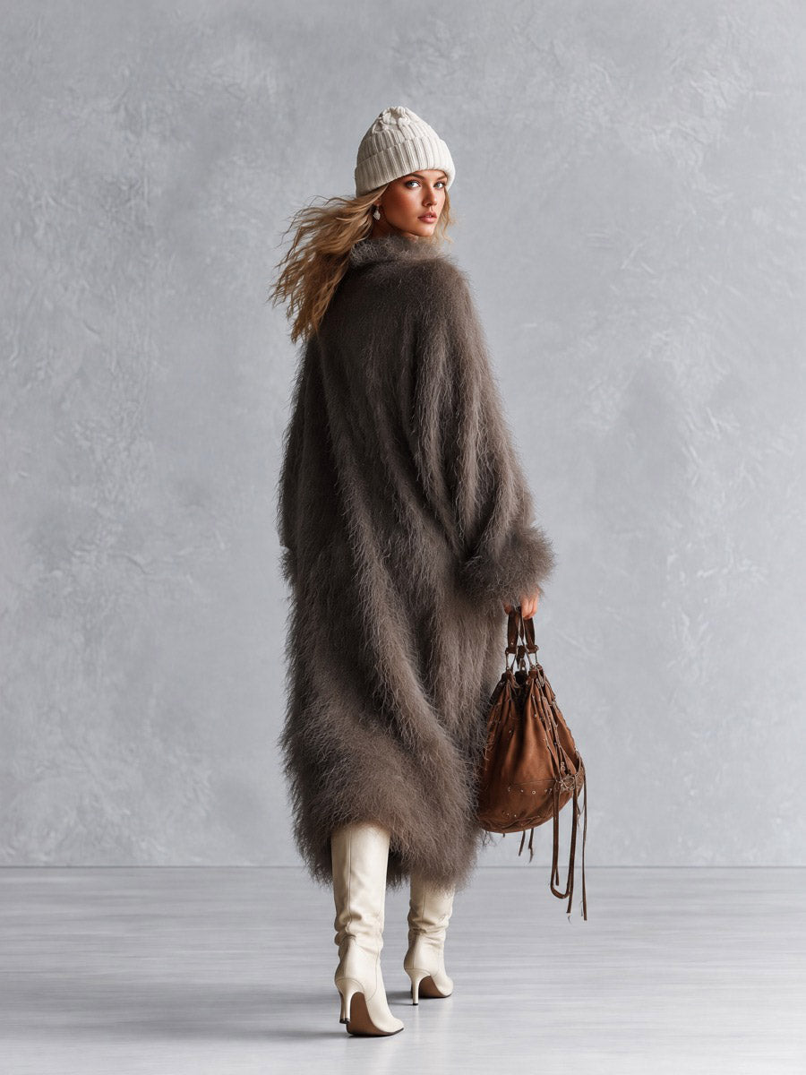 Women's Oversized Fuzzy Long-Pile Knit Mock Neck Taupe Brown Midi Dress  - By Qivii