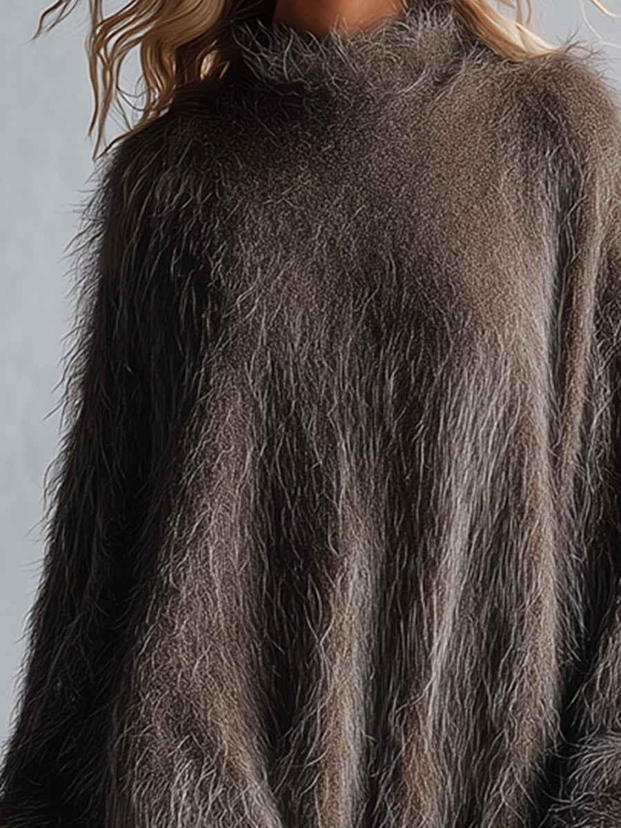 Women's Oversized Fuzzy Long-Pile Knit Mock Neck Taupe Brown Midi Dress  - By Qivii