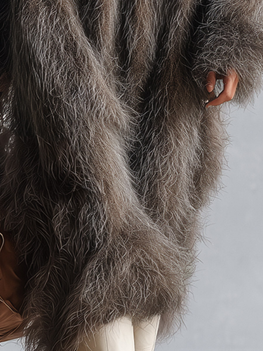 Women's Oversized Fuzzy Long-Pile Knit Mock Neck Taupe Brown Midi Dress  - By Qivii