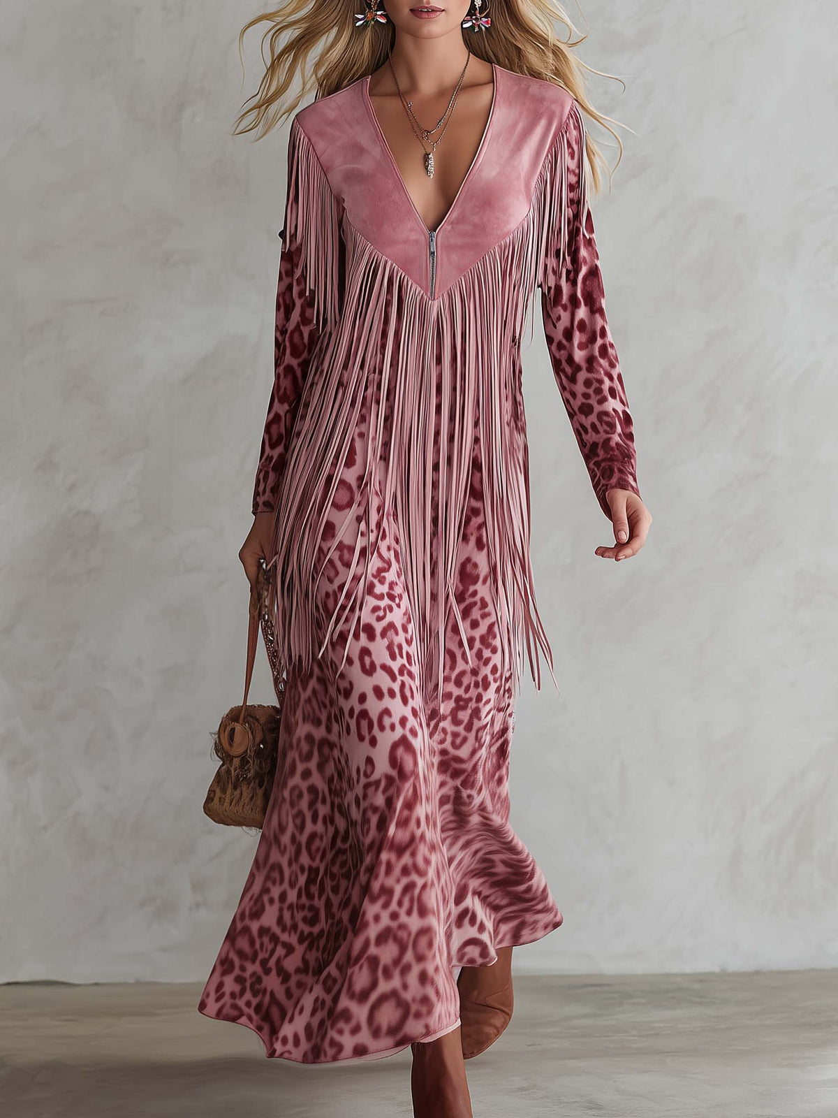 Urban West Boho Pink Leopard Print Faux Suede Fringe V-Neck Long Sleeve Maxi Dress  - By Qivii
