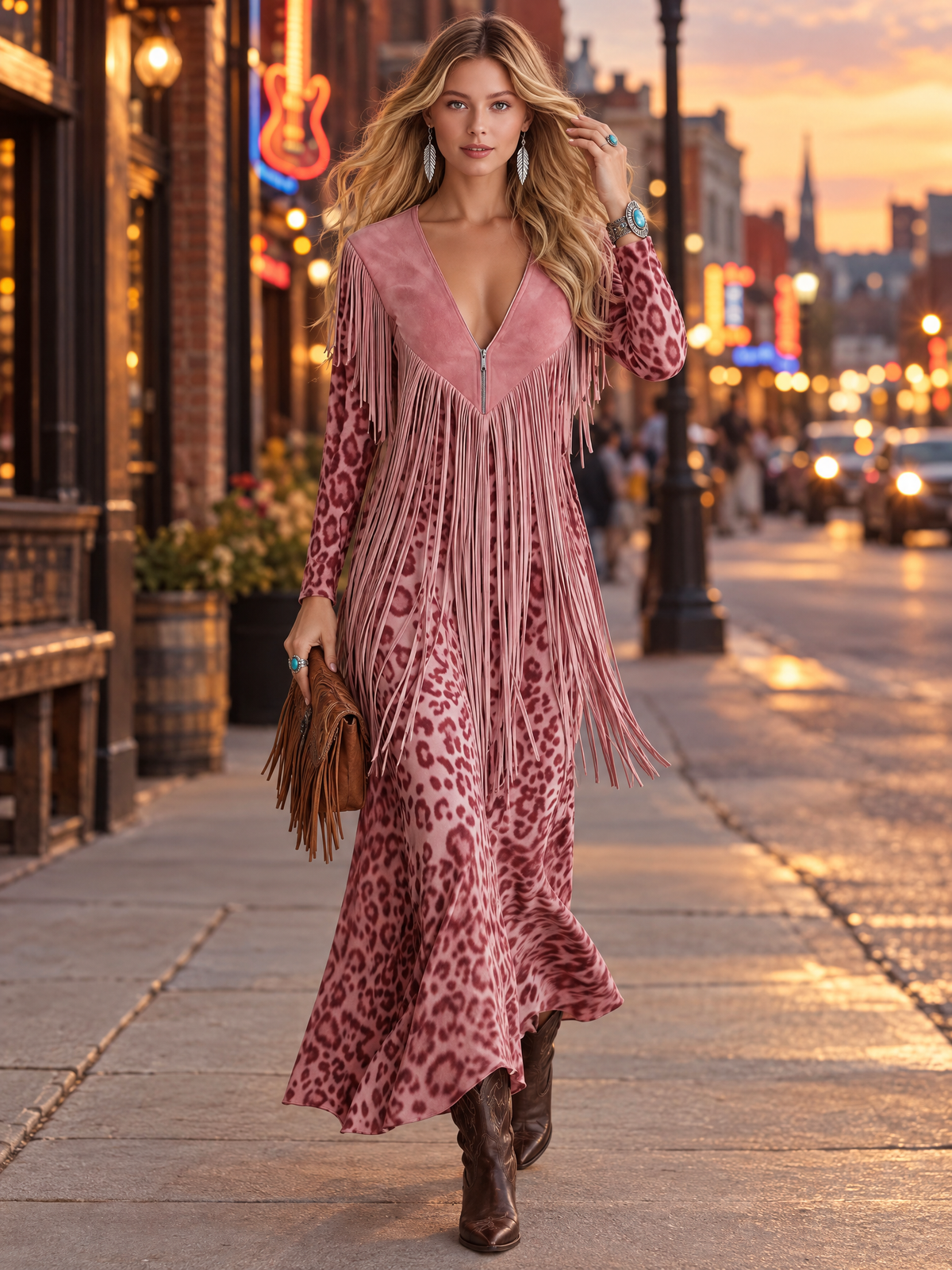 Urban West Boho Pink Leopard Print Faux Suede Fringe V-Neck Long Sleeve Maxi Dress  - By Qivii