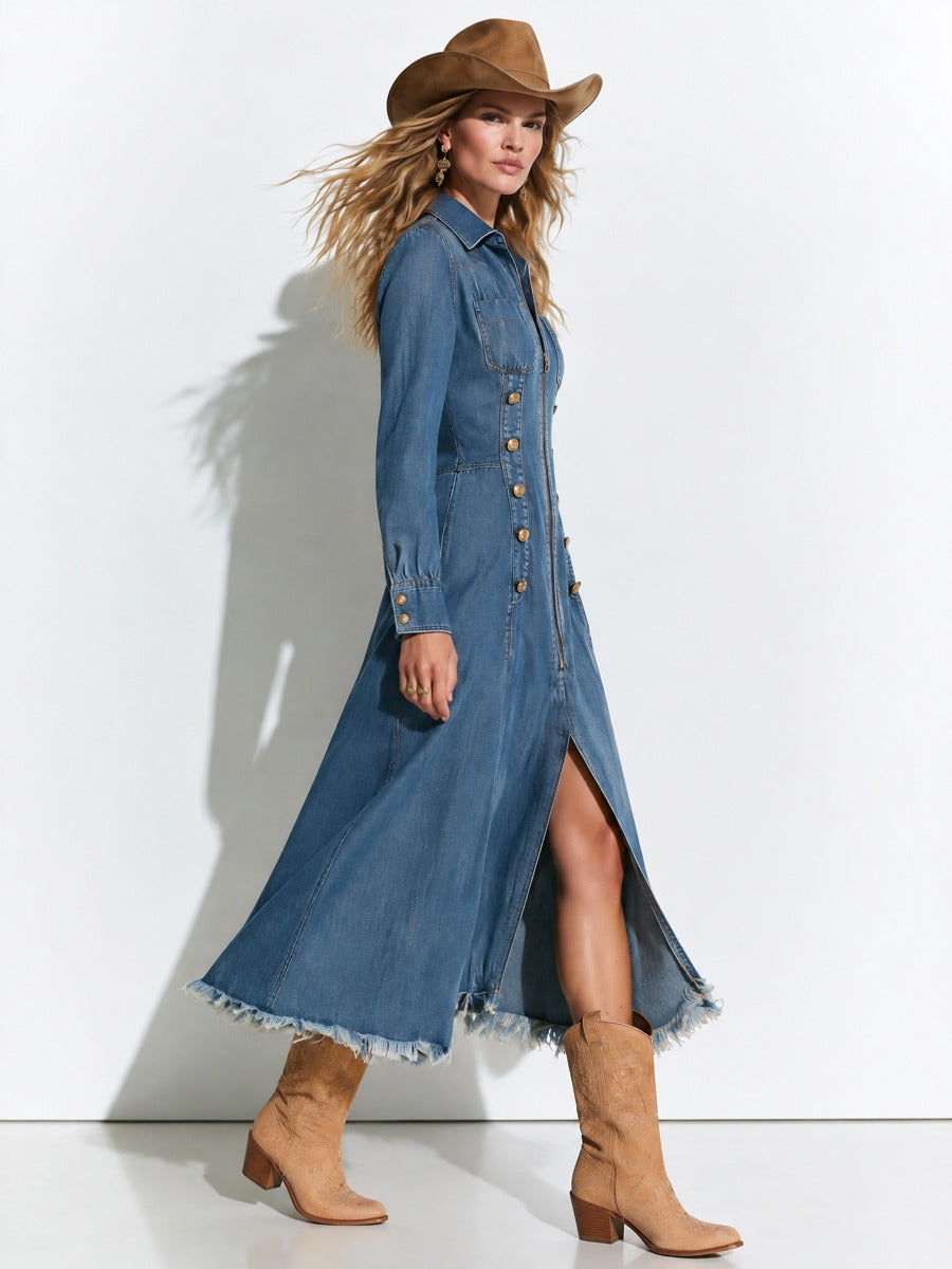 Vintage Button-up Frayed Blue Denim Long-sleeved Midi Dress  - By Qivii