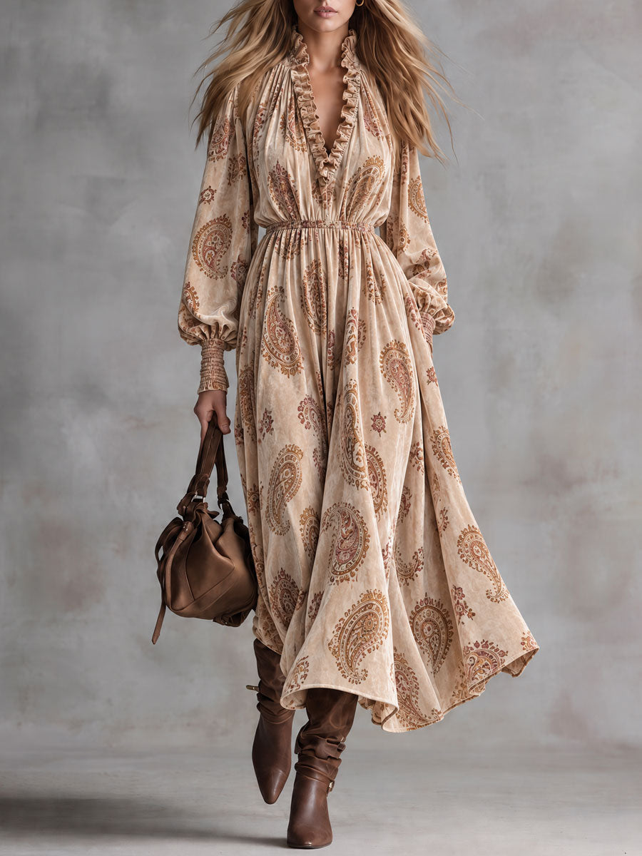 Stylish Retro Brown Ruffled V-Neck Paisley Velvet Print Maxi Dress  - By Qivii