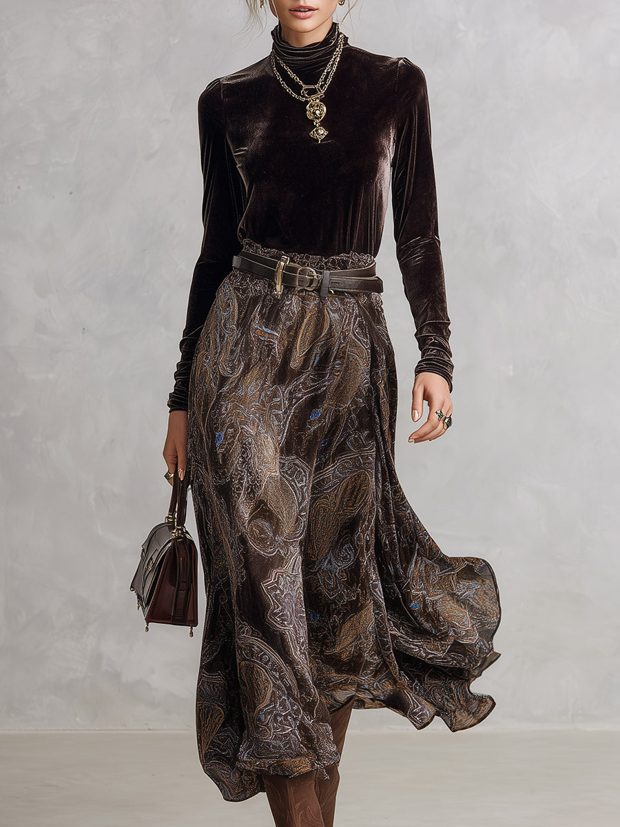 Vintage-style Dark Drown Long-sleeve T-shirt and Paisley Print Velvet Skirt Set  - By Qivii