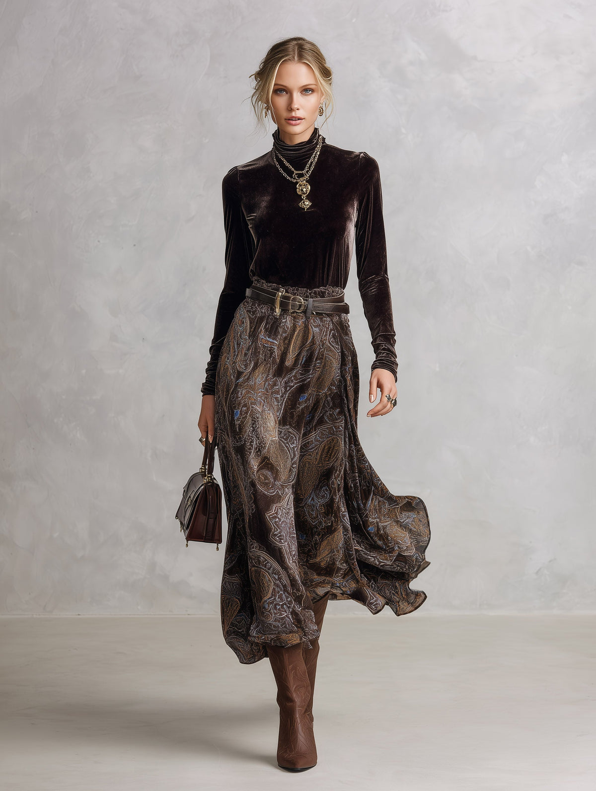 Vintage-style Dark Drown Long-sleeve T-shirt and Paisley Print Velvet Skirt Set  - By Qivii