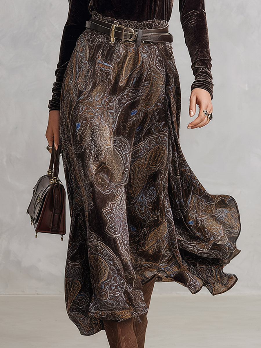 Vintage-style Dark Drown Long-sleeve T-shirt and Paisley Print Velvet Skirt Set  - By Qivii