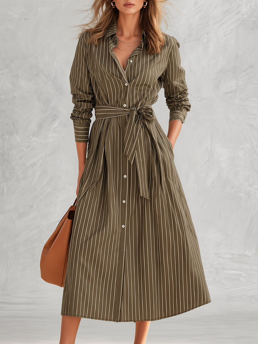 Olive Green Pinstripe Long Sleeve Button-Front Belted Midi Dress  - By Qivii