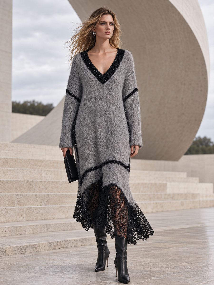 Loose-fitting V-neck Shimmering Lace Grey Mohair Knit Midi Dress  - By Qivii