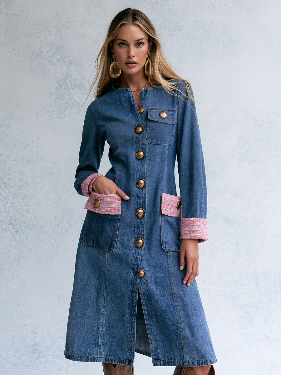 Elegant Vintage Tweed Trim Gold Button Front Denim Midi Dress  - By Qivii
