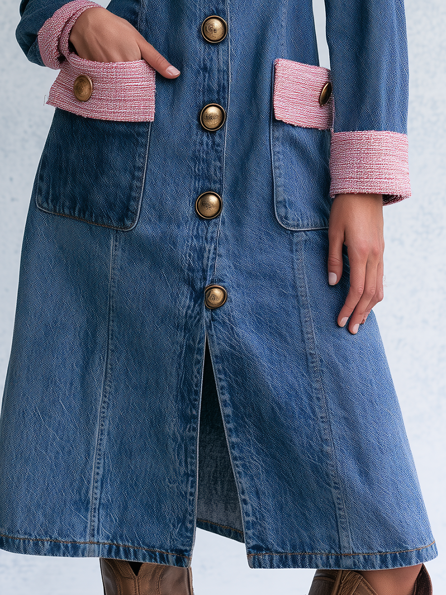 Elegant Vintage Tweed Trim Gold Button Front Denim Midi Dress  - By Qivii