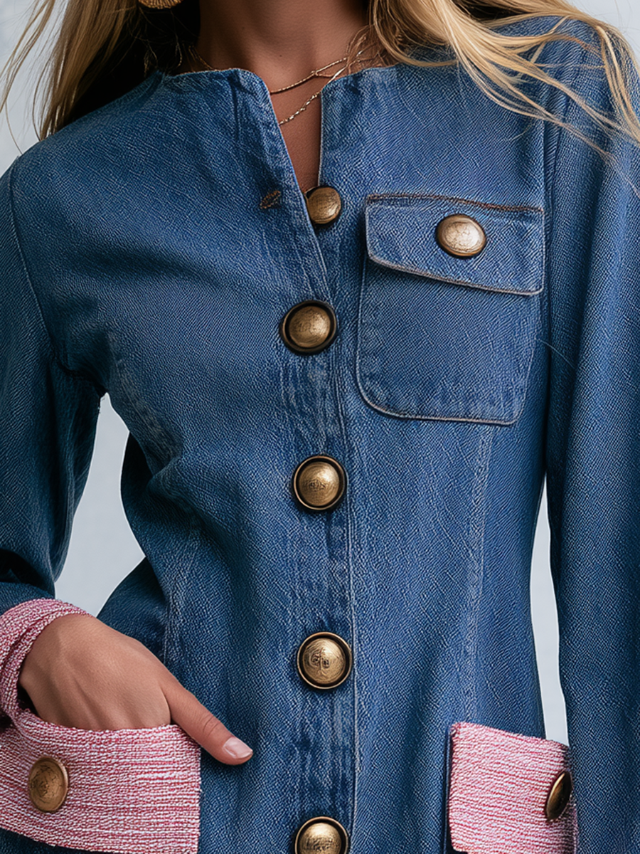 Elegant Vintage Tweed Trim Gold Button Front Denim Midi Dress  - By Qivii