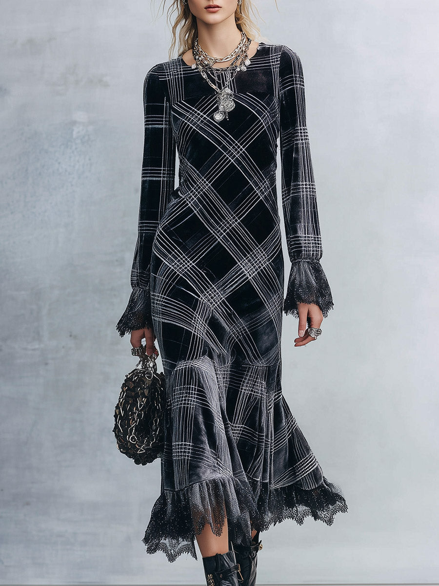 Elegant Lace-Trimmed Black Plaid Lace-Trimmed Velvet Midi Dress  - By Qivii