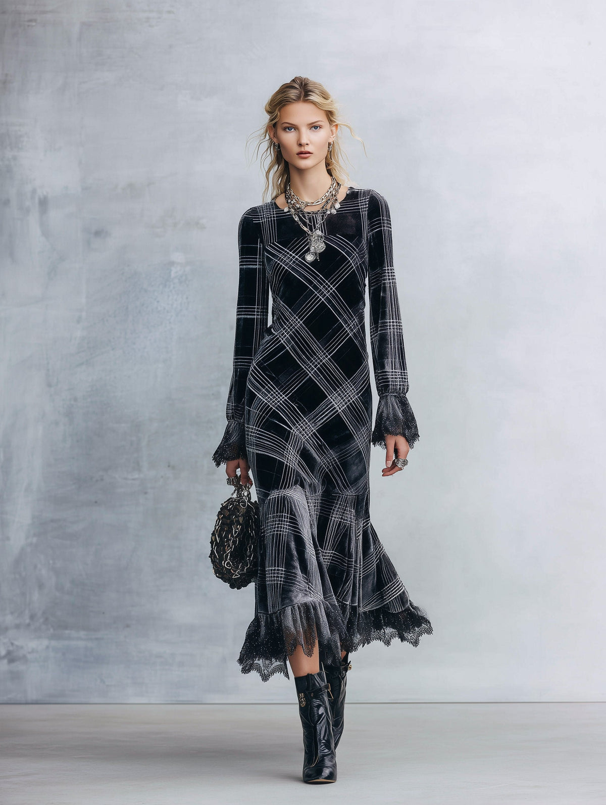 Elegant Lace-Trimmed Black Plaid Lace-Trimmed Velvet Midi Dress  - By Qivii