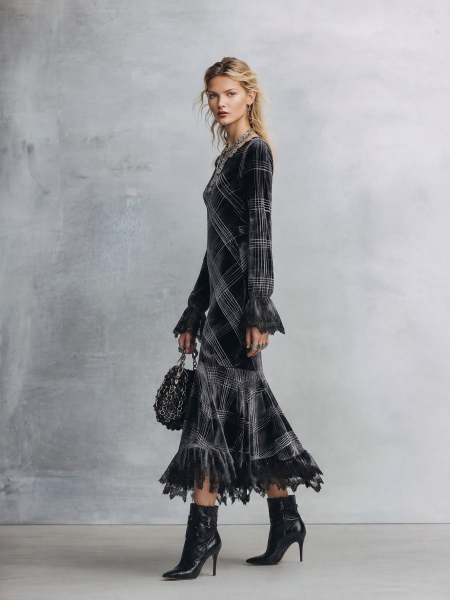 Elegant Lace-Trimmed Black Plaid Lace-Trimmed Velvet Midi Dress  - By Qivii