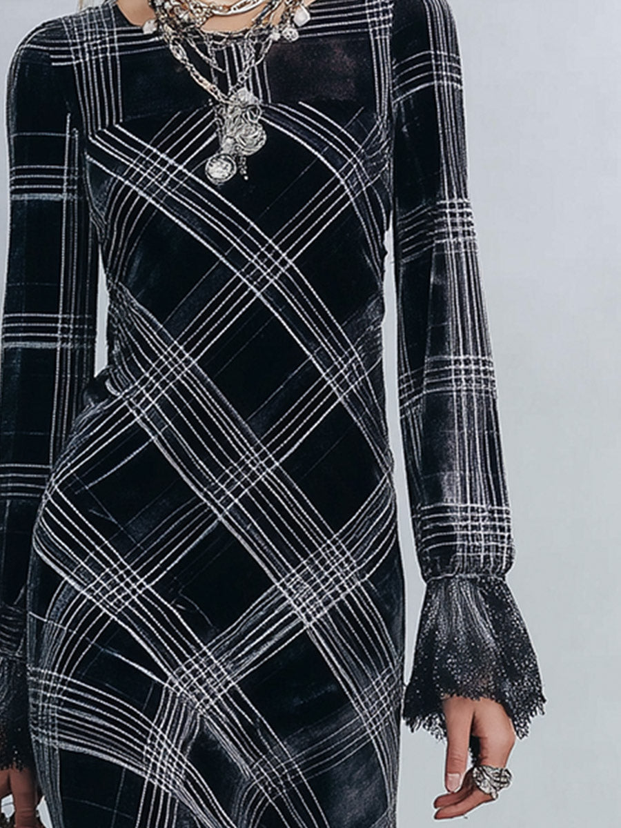 Elegant Lace-Trimmed Black Plaid Lace-Trimmed Velvet Midi Dress  - By Qivii