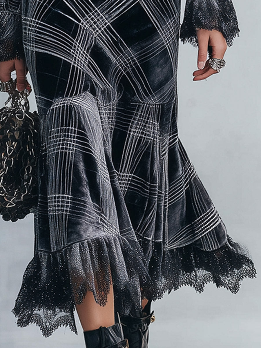 Elegant Lace-Trimmed Black Plaid Lace-Trimmed Velvet Midi Dress  - By Qivii