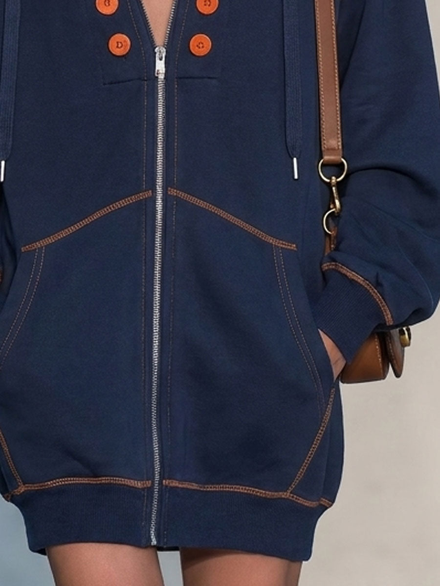 Casual Retro Double-breasted Decorative Button Blue Hooded Zip-up Cotton Mini Dress  - By Qivii